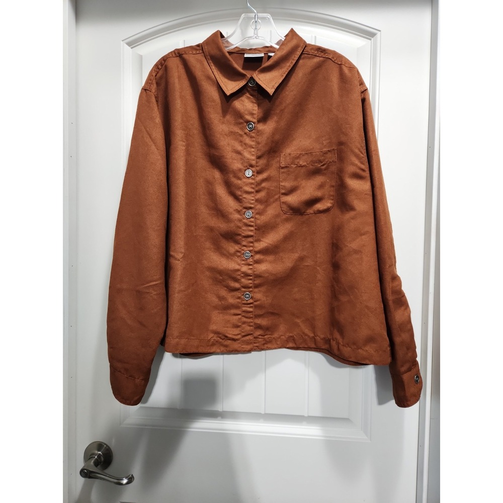 Chico's Faux Suede Button Down Shirt Rust Brown Size 3 Large XL Pocket Top